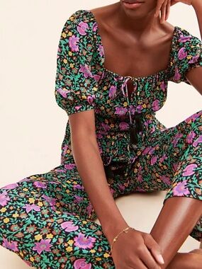 SPELL Sz S Jumpsuit Village Floral Off Shoulder Puff Sleeve Boho Festival Retro